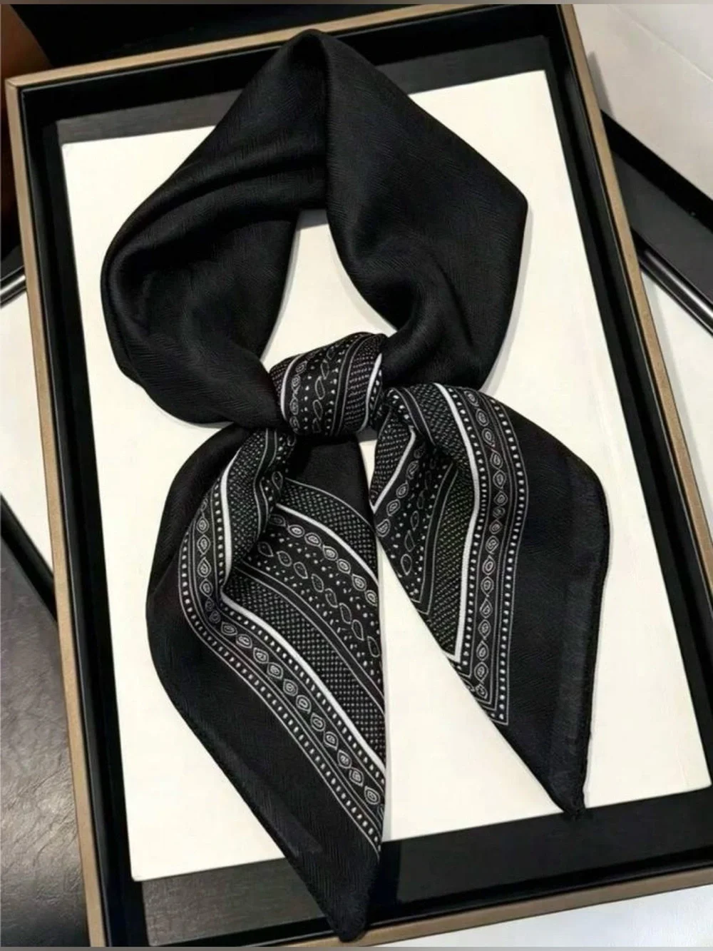 Classic Black Patterned with a White Paisley Border Neck Scarf